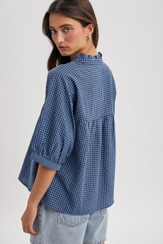 DENIM GINGHAM CHECK RUFFLE NECK TOP