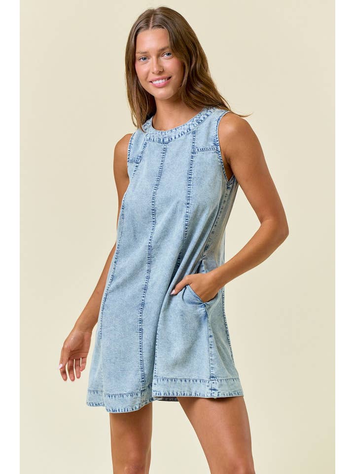 MIMI CHAMBRAY SLEEVELESS A-LINE DRESS