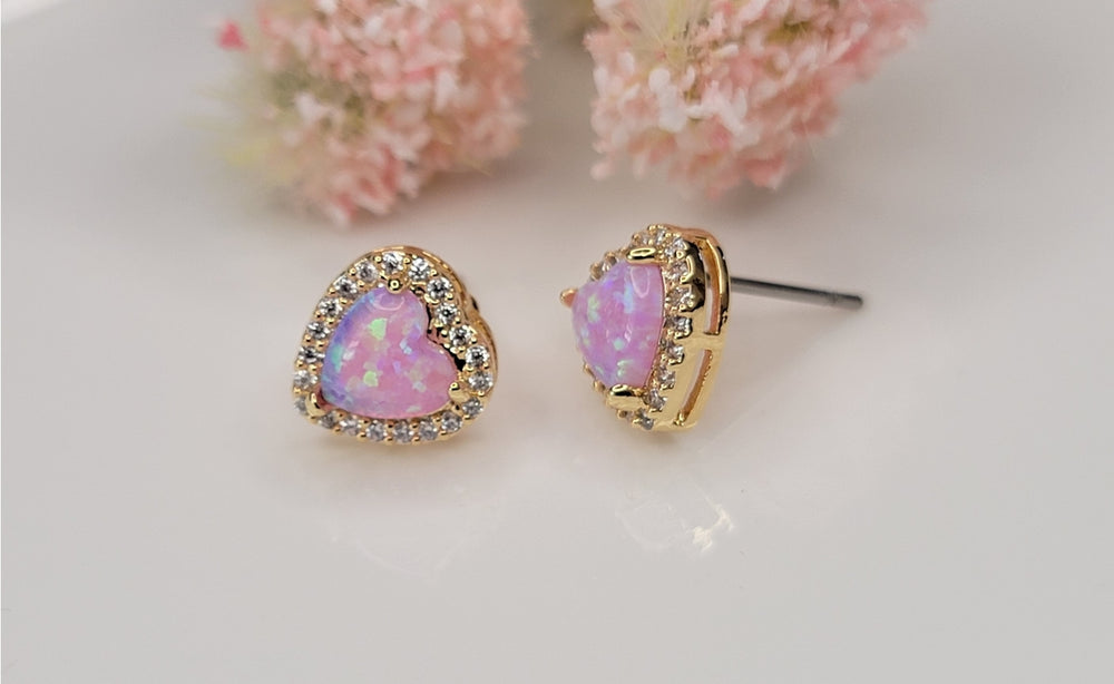 PINK OPAL HEART POST EARRINGS
