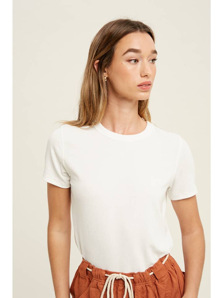 OFF WHITE RIB KNIT SHORT SLEEVE TOP
