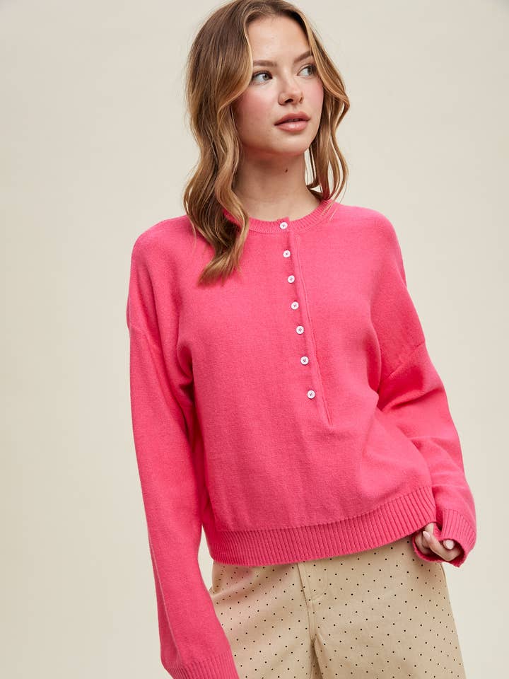 PINK PUNCH HENLEY SWEATER
