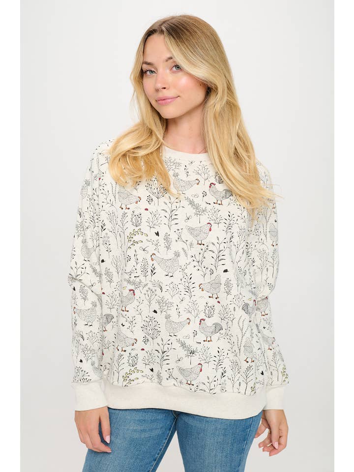 ROOSTER FLORAL CREW SWEATSHIRT
