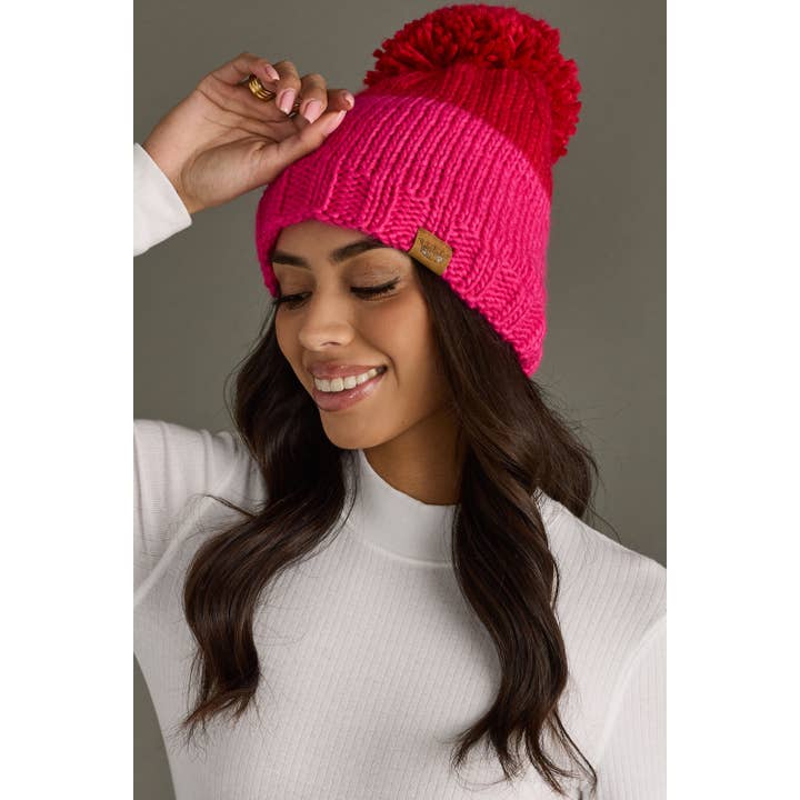 RED & PINK COLORBLOCK POM HAT