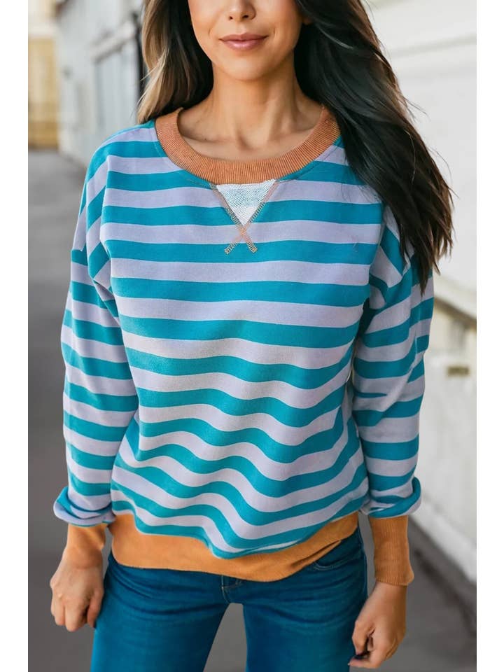 MACKIE TEAL & LAVENDER STRIPE CREW SWEATSHIRT
