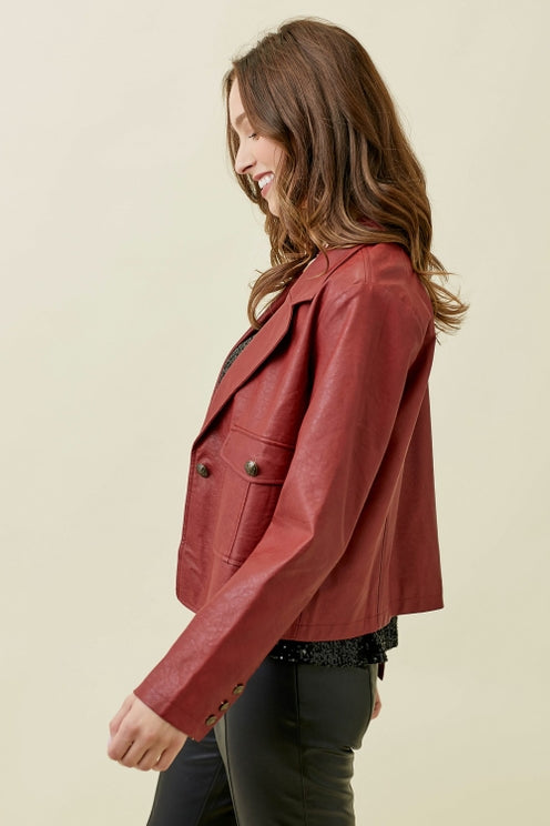 RED GOING PLACES FAUX LEATHER JACKET
