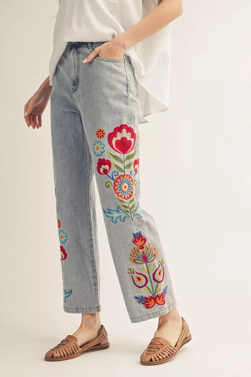 JUNIPER FLORAL EMBROIDERED WIDE LEG JEAN
