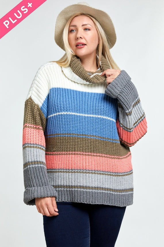 PLUS COLORBLOCK STRIPE COWL NECK SWEATER
