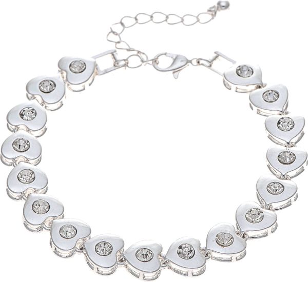 Silver Crystal Center Hearts Link Bracelet
