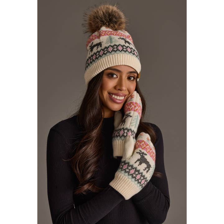 IVORY WINTER DEER SCENE POM HAT