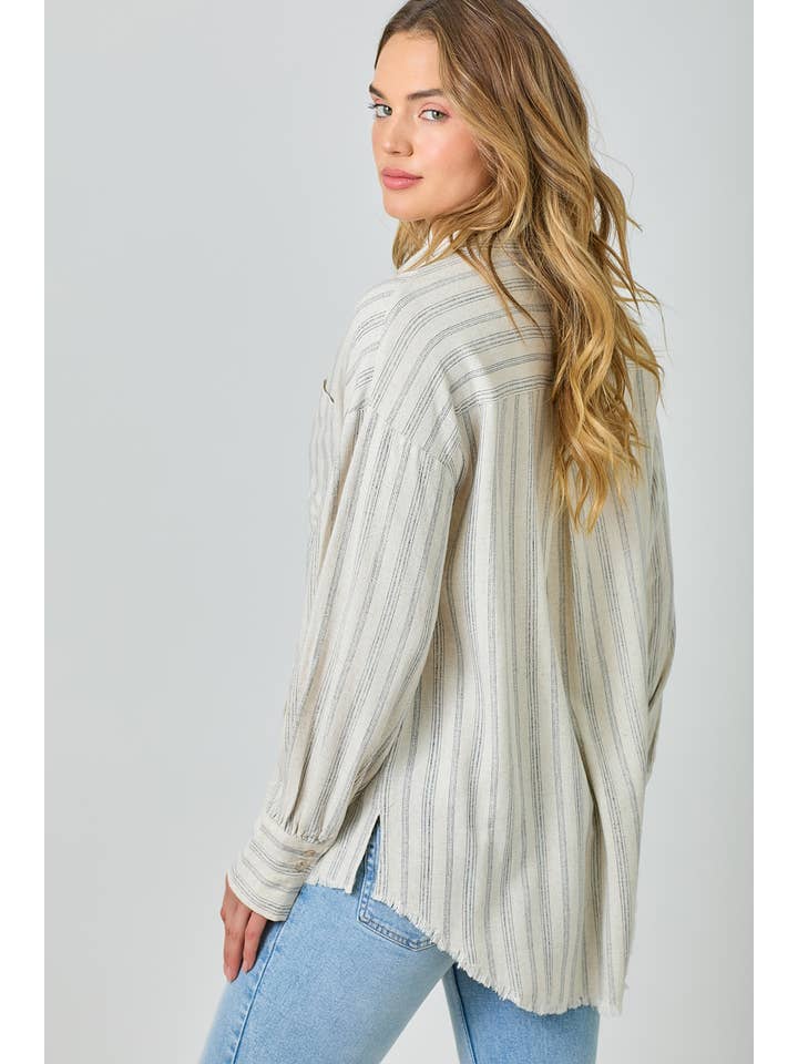 OATMEAL & NAVY STRIPE BUTTON UP SHIRT
