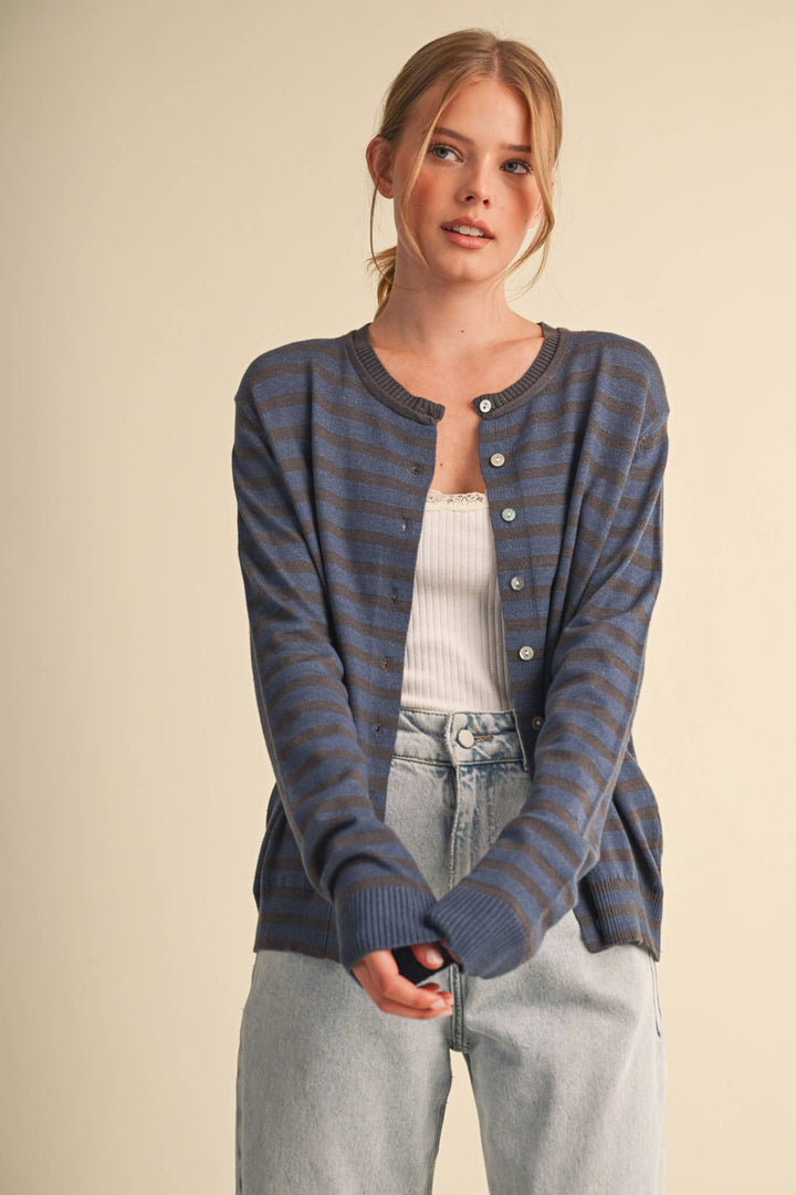 DENIM CAMPUS STRIPE CARDIGAN