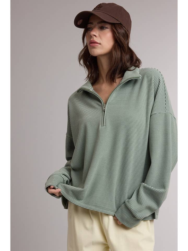 GREEN FAN FAVE STRIPE 1/4 ZIP TOP
