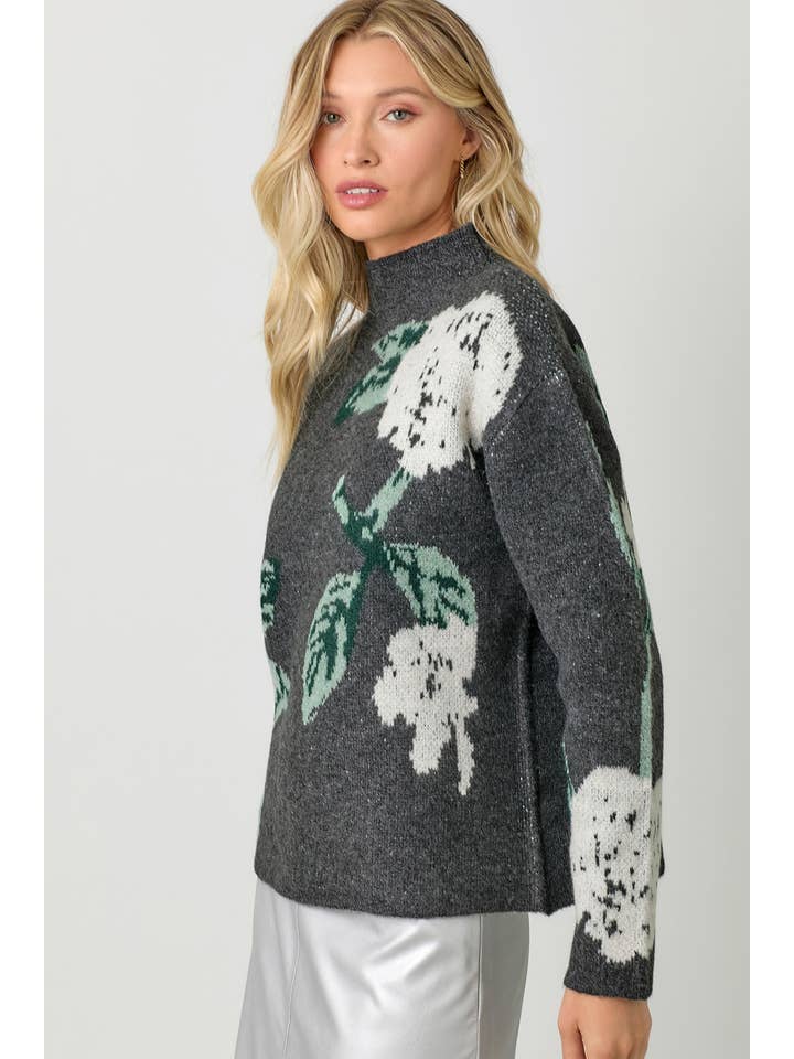 CHARCOAL FLORAL FUNNEL NECK SWEATER