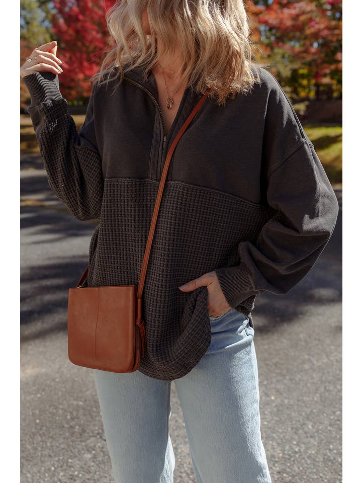 ONYX WAFFLE TEXTURE HALF ZIP TOP