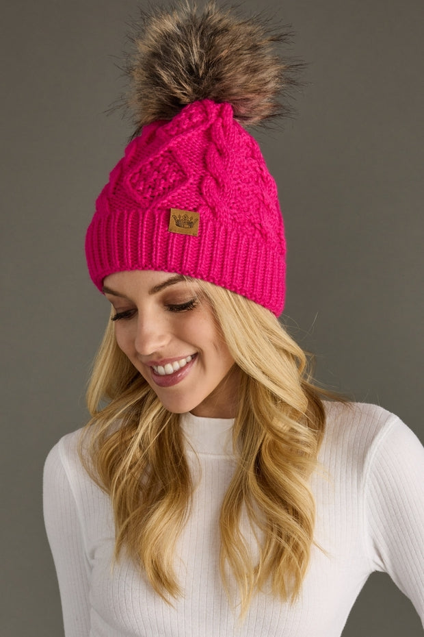 BRIGHT PINK CABLE KNIT POM HAT
