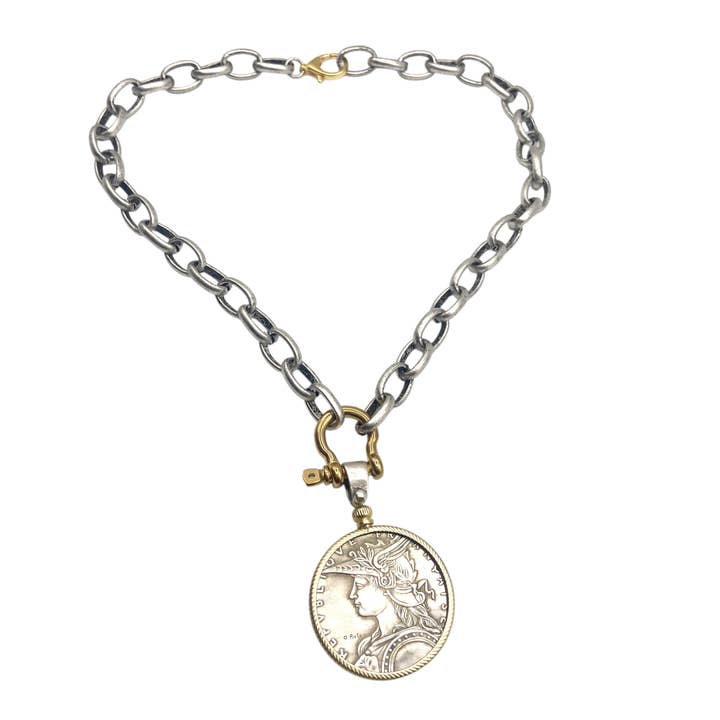 MIXED METAL VINTAGE COIN LINK PENDANT NECKLACE
