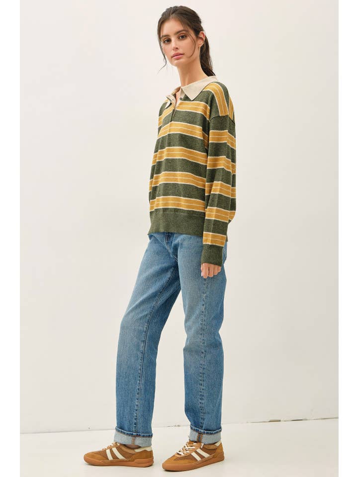 HUNTER GREEN & GOLD STRIPE POLO COLLAR SWEATER