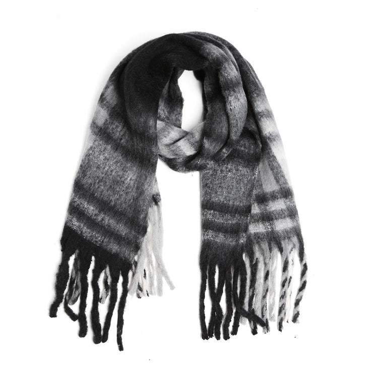 BLACK CHECK PLAID FRINGE SCARF