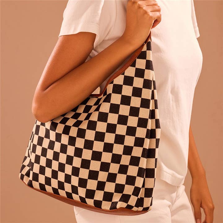 HAZEL BLACK & WHITE CHECKERED CANVAS HOBO BAG