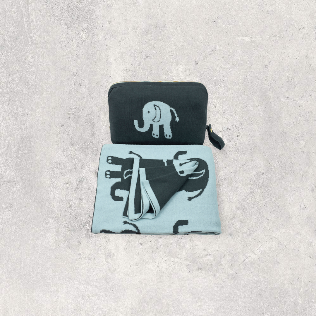 ELEPHANT LOVE BLUE& GREY BLANKET GIFT SET