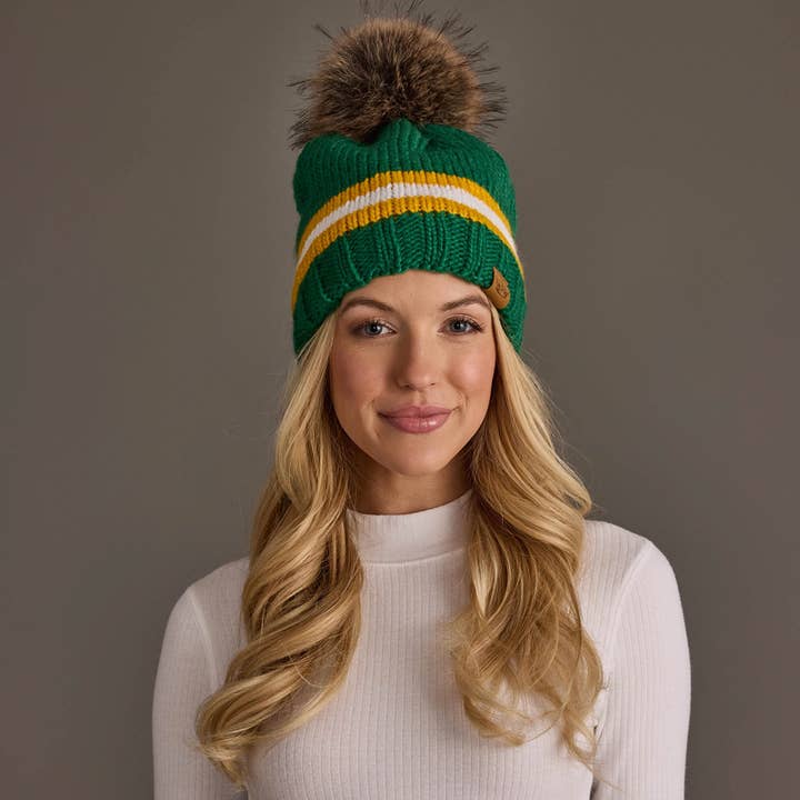 GREEN, GOLD & WHITE STRIPE POM HAT
