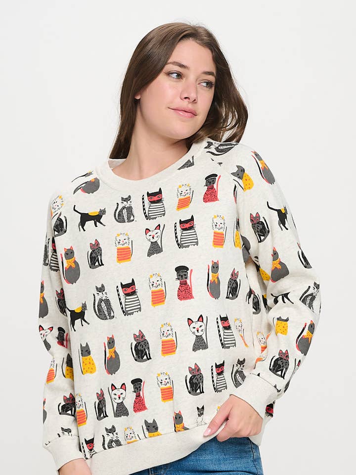 TRES CHIC CATS PRINT CREW SWEATSHIRT