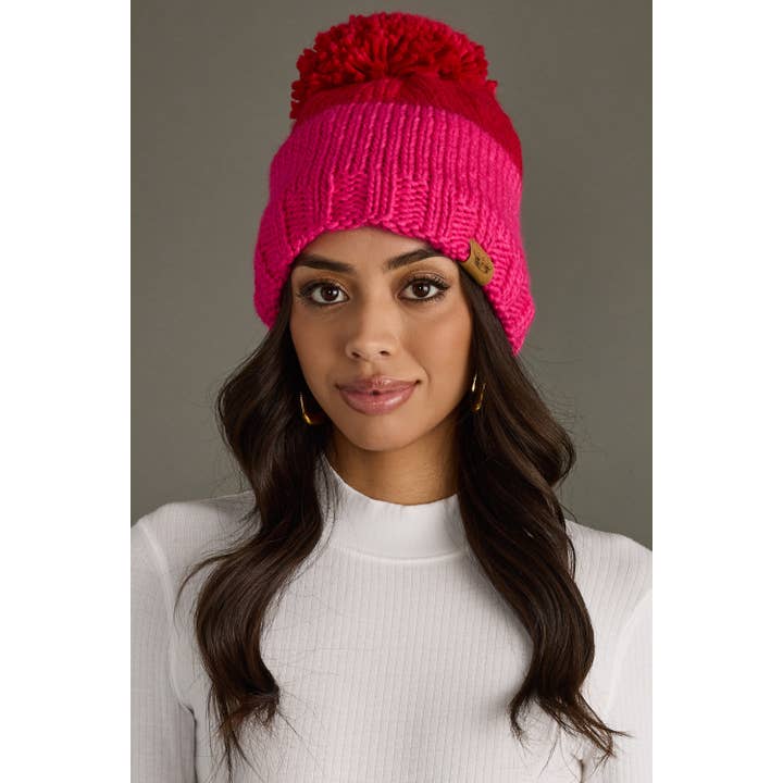RED & PINK COLORBLOCK POM HAT