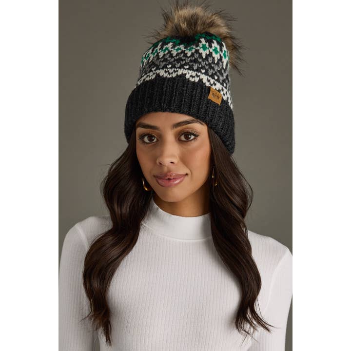 DARK GRAY GREEN & WHITE POM HAT
