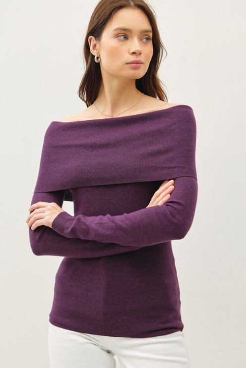 EGGPLANT OFF THE SHOULDER SWEATER