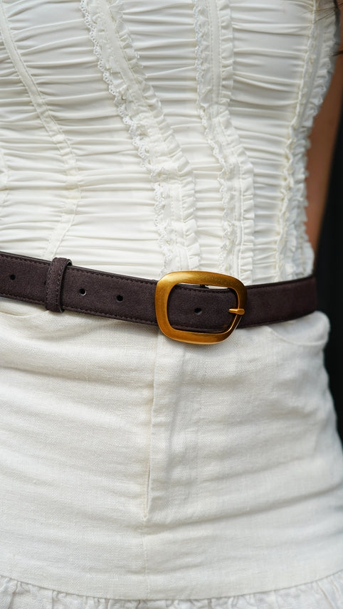 CHOCOLATE BROWN SUEDE BELT WITH ASYMMETRICAL BUCKLE
