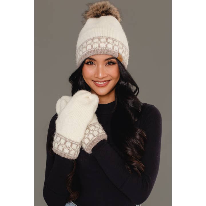 IVORY & TAUPE PATTERNED MITTENS
