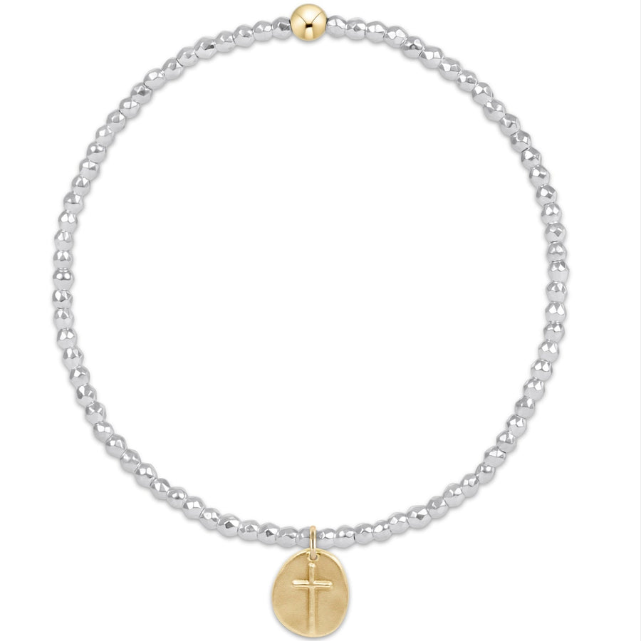 BRIGHT SILVER FACETED HEMATITE 2MM BEAD BRACELET W/ SMALL INSPIRE GOLD CHARM
