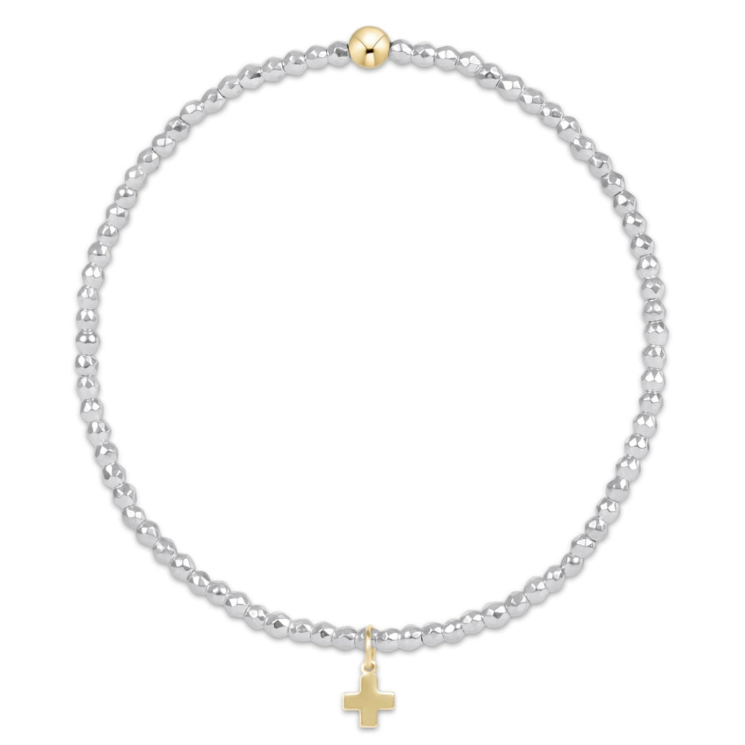 BRIGHT SILVER FACETED HEMATITE 2MM BEAD BRACELET W/ GOLD CROSS CHARM
