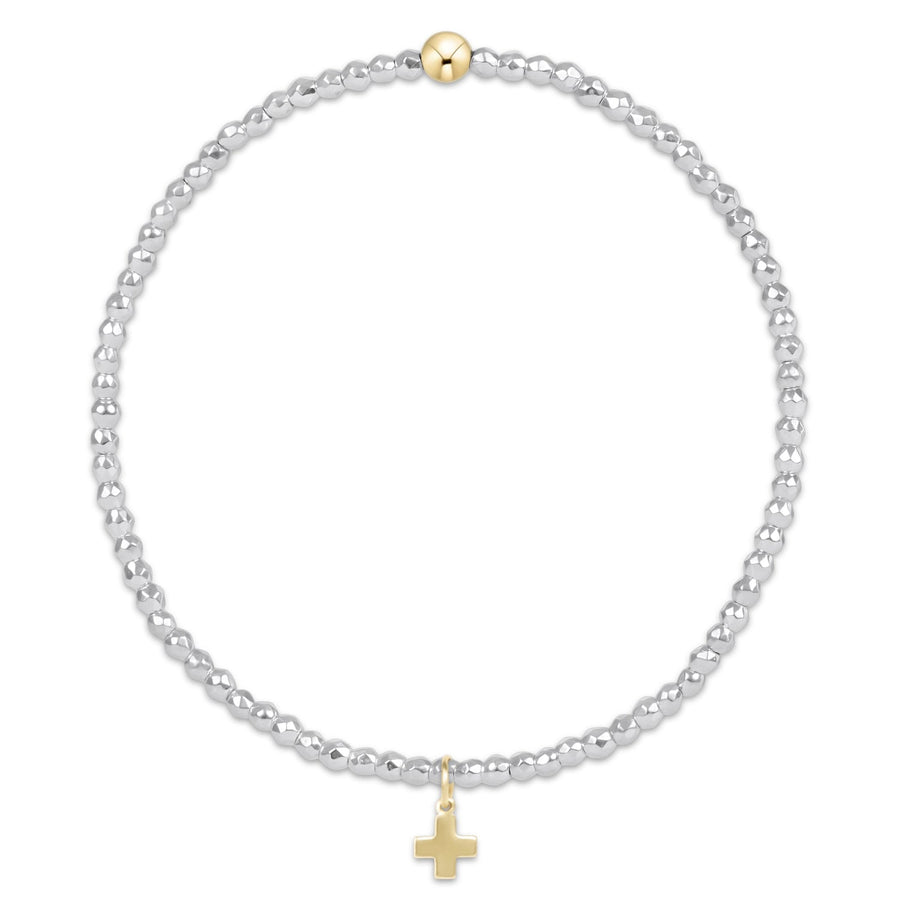 BRIGHT SILVER FACETED HEMATITE 2MM BEAD BRACELET W/ GOLD CROSS CHARM
