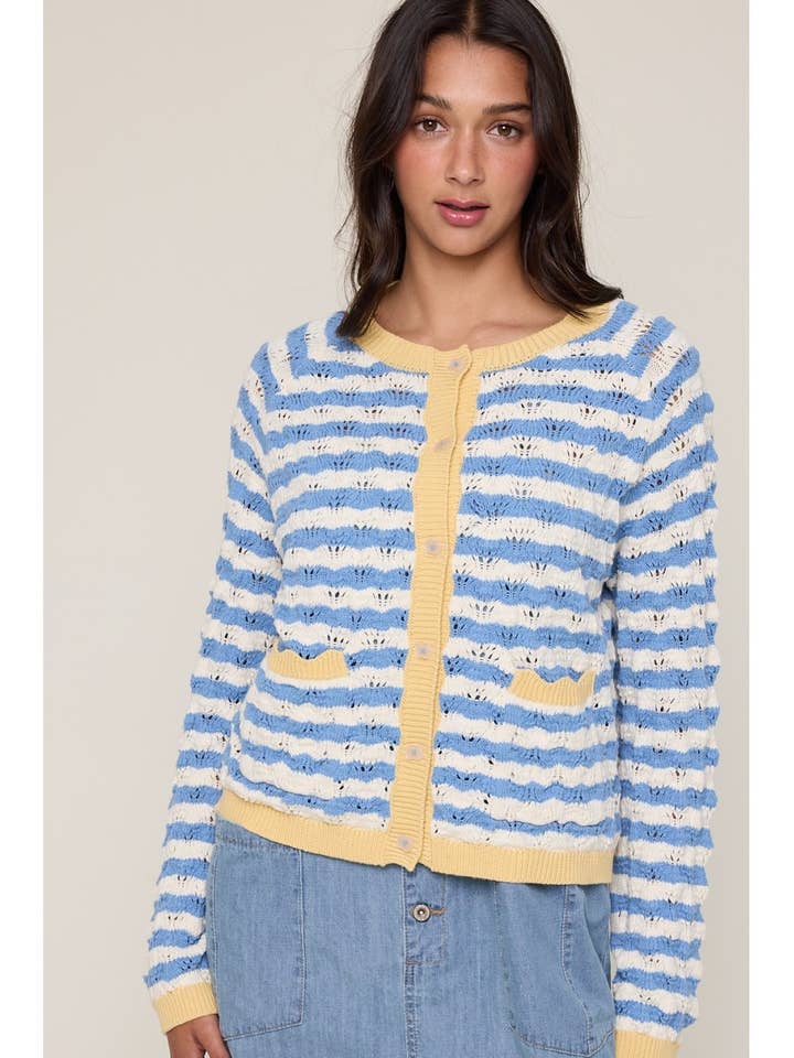 SKY BLUE & WHITE WAVY STRIPE CARDIGAN
