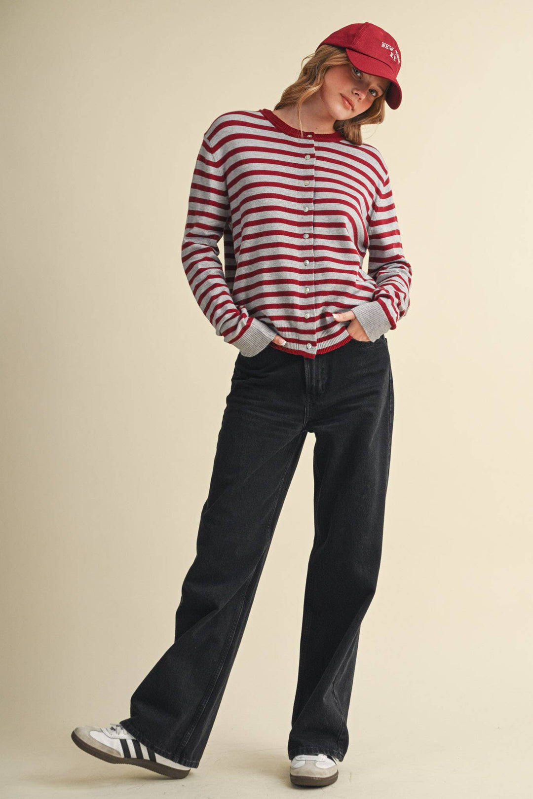 MAROON CAMPUS STRIPE CARDIGAN