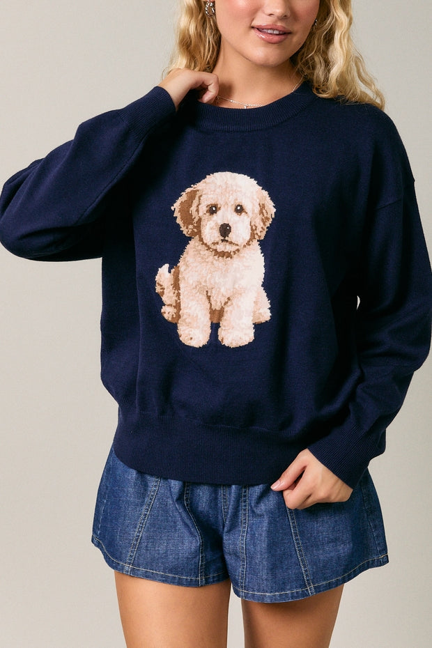 SAILOR GOLDENDOODLE NAVY CREW SWEATER
