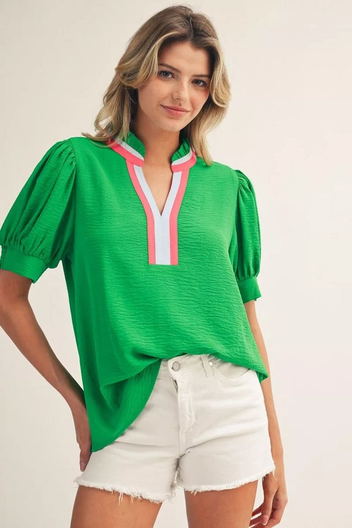 ANNA KELLY GREEN COLOR CONTRAST PUFF SLEEVE TOP
