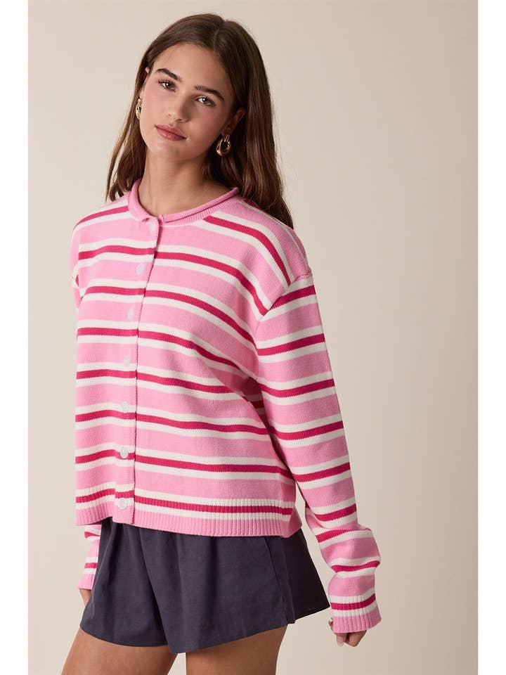 SWEETHEART STRIPE BUTTON UP CARDIGAN SWEATER
