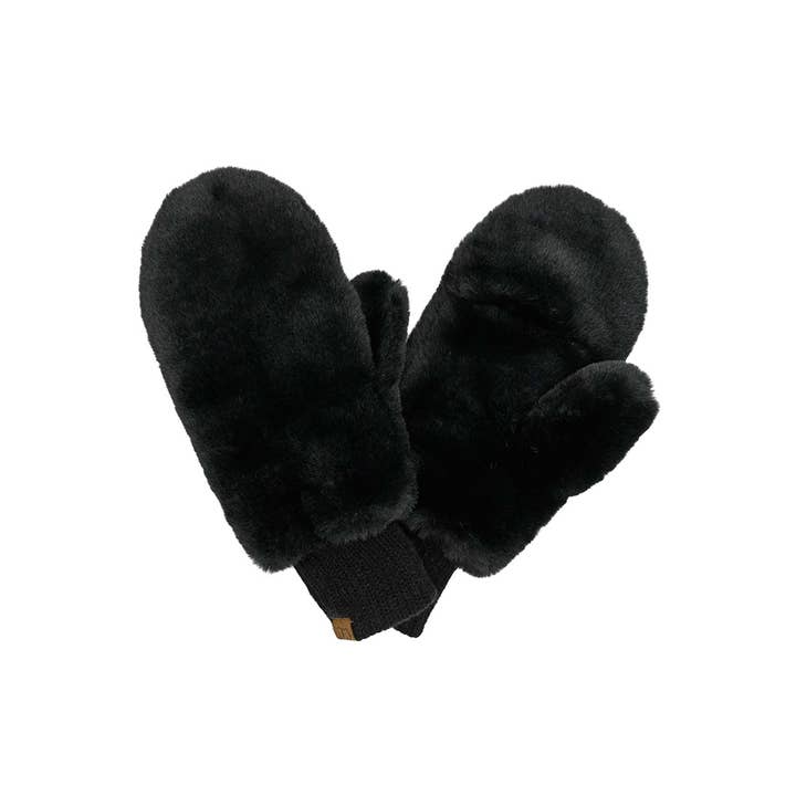 BLACK FAUX FUR MITTENS