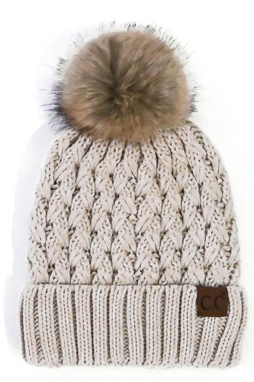 BEIGE LATTICE CROSSOVER STICH POM HAT
