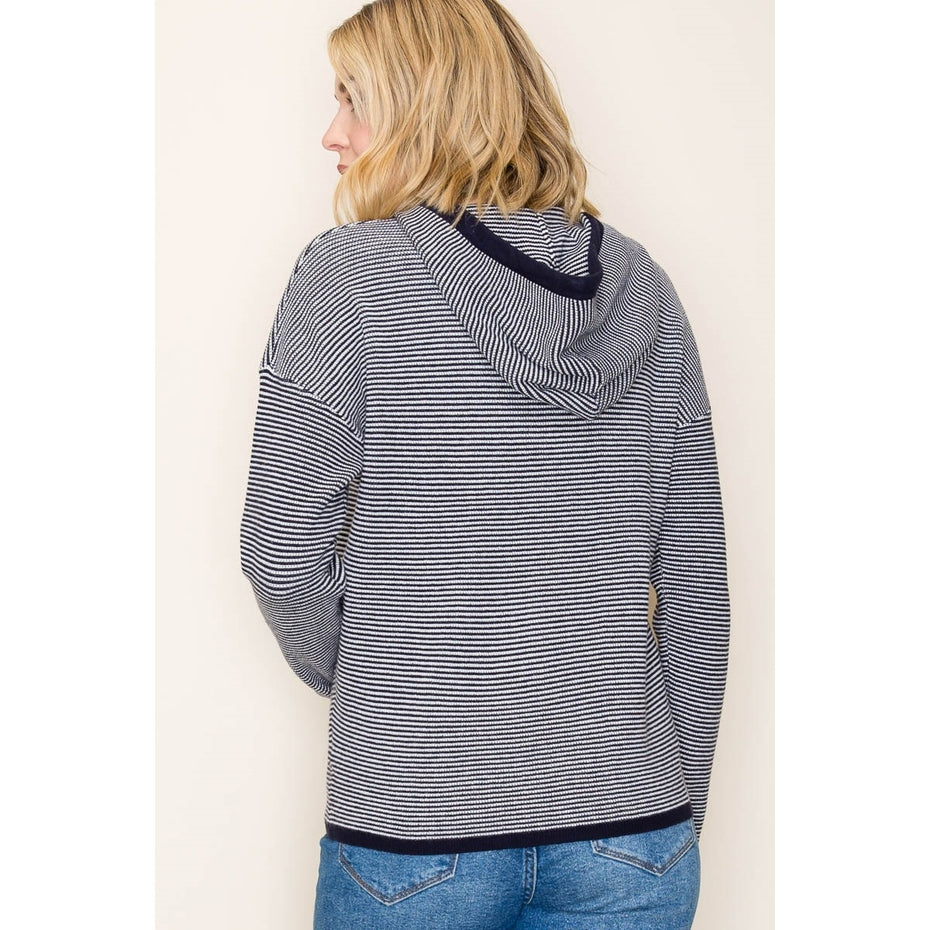 NAVY WAFFLE TEXTURE STRIPE HOODIE