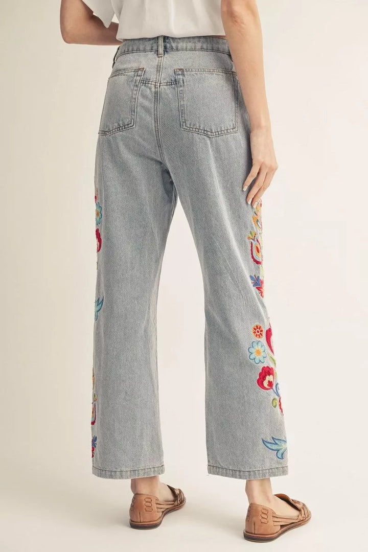 JUNIPER FLORAL EMBROIDERED WIDE LEG JEAN