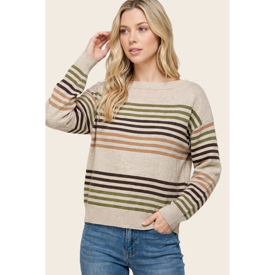 TAUPE OLIVE MULTI STRIPE SWEATER