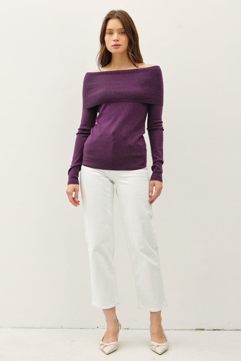 EGGPLANT OFF THE SHOULDER SWEATER