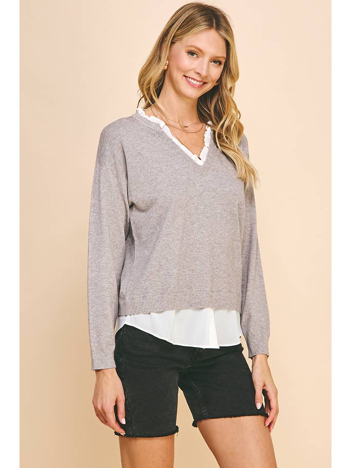 CARALYNN HEATHER GREY V-NECK COMBO SWEATER TOP