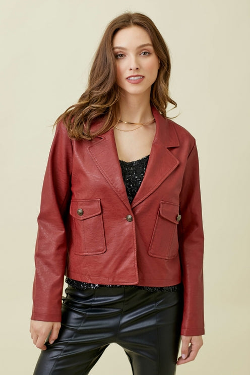 RED GOING PLACES FAUX LEATHER JACKET