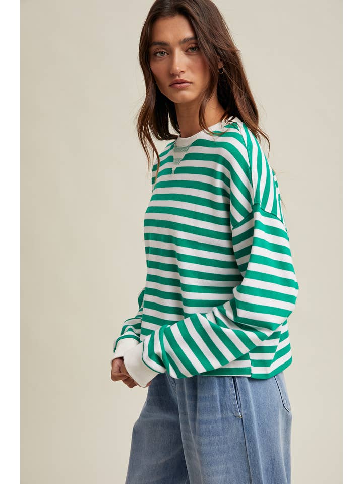 GREEN & WHITE FREE TIME CREW NECK TOP
