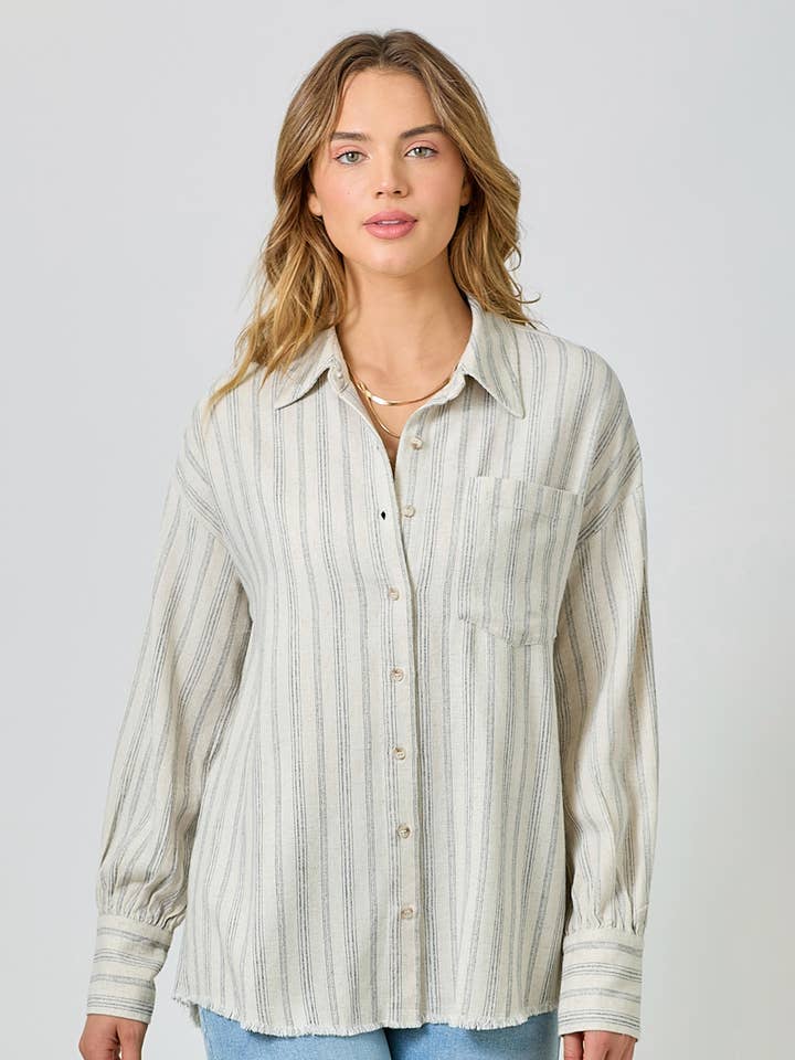 OATMEAL & NAVY STRIPE BUTTON UP SHIRT
