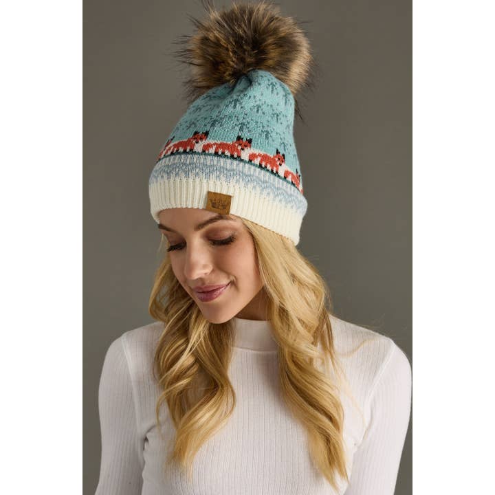 LIGHT BLUE FOX PATTERN POM HAT
